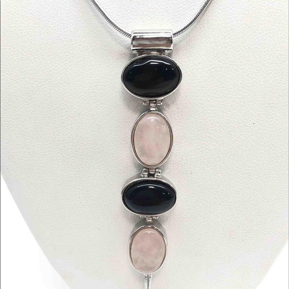 Sterling Onyx & Quartz Lariat Necklace 18"Necklace - Picture 5 of 15